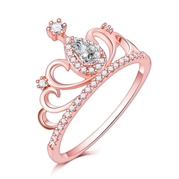 Lusso vero diamante ovale a taglio brillante corona da sposa principessa anello set per donna ragazza fascia di fidanzamento oro rosa 18 carati riempito gioielli eternità zirconi taglia 6 7 8 9