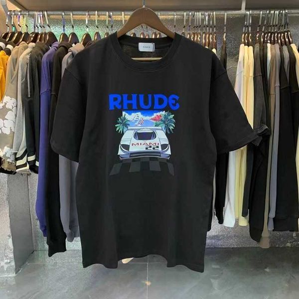 23ss Marca de Moda Rhude American Street INS High Street Impressão Solta Masculina e Feminina Puro Algodão Gola Redonda Manga Curta T-shirt Verão EUA Tamanho S-XXL y17