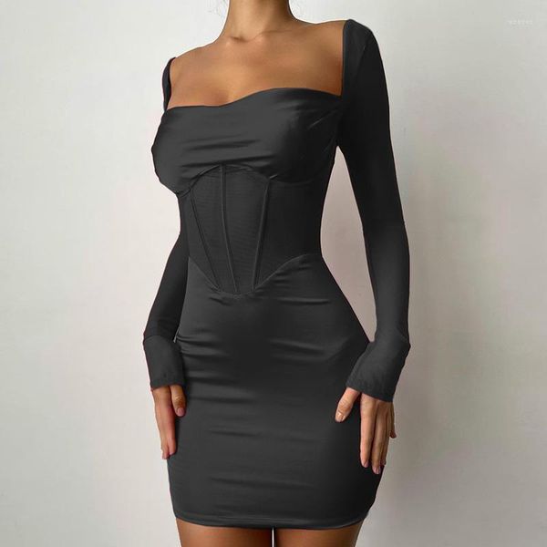 Vestidos casuais 2023 Mini Mini Bodycon Dress Lady Wear Black Short Corset Party Vestidos Women Mesh Mesh Slave Square Collar