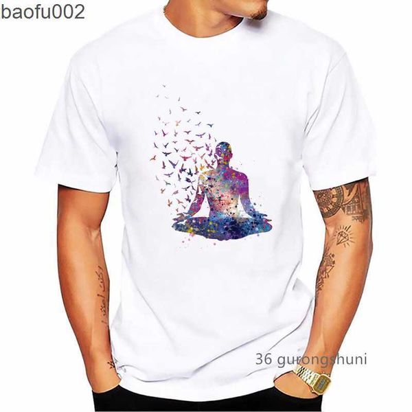 Мужские футболки акварели медитация будда принт бохо дзен-бродяга мужская футболка для мужчин летняя мужская уличная одежда Смешная футболка Homme белая футболка график W0322
