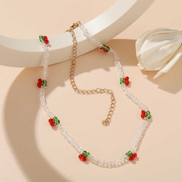 Colares de pingentes de moda coreana kpop cereja gargantilha de miçangas transparentes de fruta mulheres colar para colares de pingentes femininos Conjunto de presentes de joias da festa Z0321
