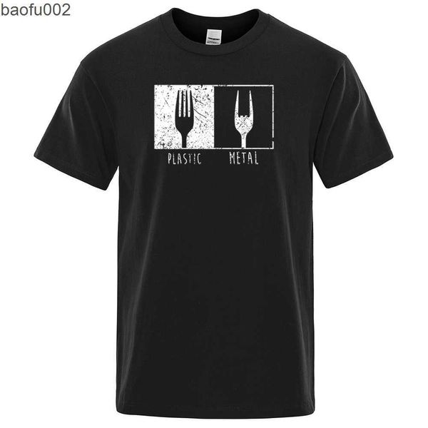T-shirt da uomo Oggetti di tutti i giorni Modello T-shirt in metallo con forchetta in plastica T-shirt da uomo in cotone a maniche corte T-shirt punk hip-hop Vintage Streetwear W0322