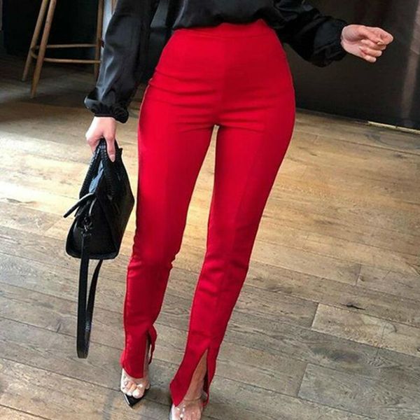 Pantaloni da donna Autunno Casual Vestibilità attillata Apertura gamba Split Tinta unita OL Pantaloni streetwear a vita alta Moda Rosso Nero Cachi 230322