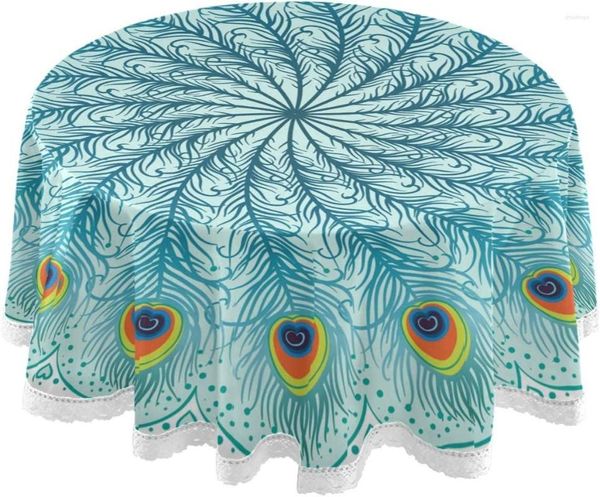 Taça de mesa Pavão penas de pavão mandala redonda Toclagem branca de poliéster Tobeira de renda branca Decoração de 60 polegadas para a festa