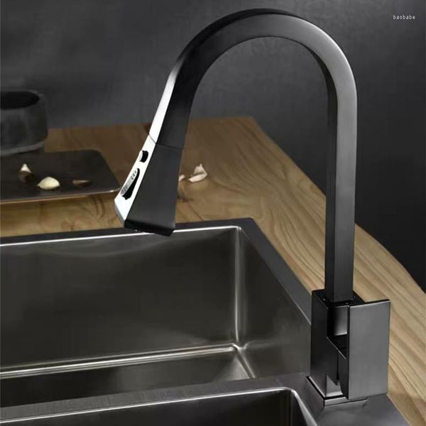 Küchenarmaturen, schwarzes Messing, 360-Grad-Drehung, herausziehbarer Mischer-Wasserhahn-Knopf zum Umschalten von zwei Ausgangsmodi, Auslauf, Wasser, gemischte Waschbeckenhähne