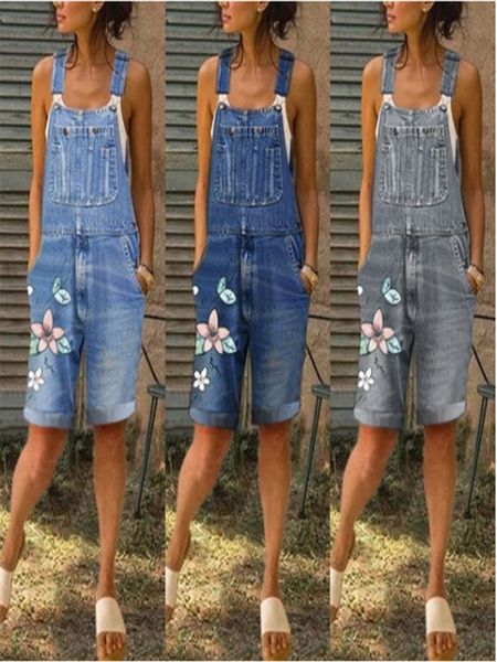 Verão denim curto macacões feminino casual floral impressão cinta de espaguete playsuit feminino bolsos vintage jeans shorts senhoras