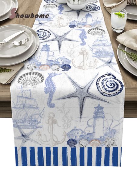 Chemin de table Texture marine rayures phare ancre rétro chemin de table luxe salle à manger décor napperon el table de mariage décor nappe 230322