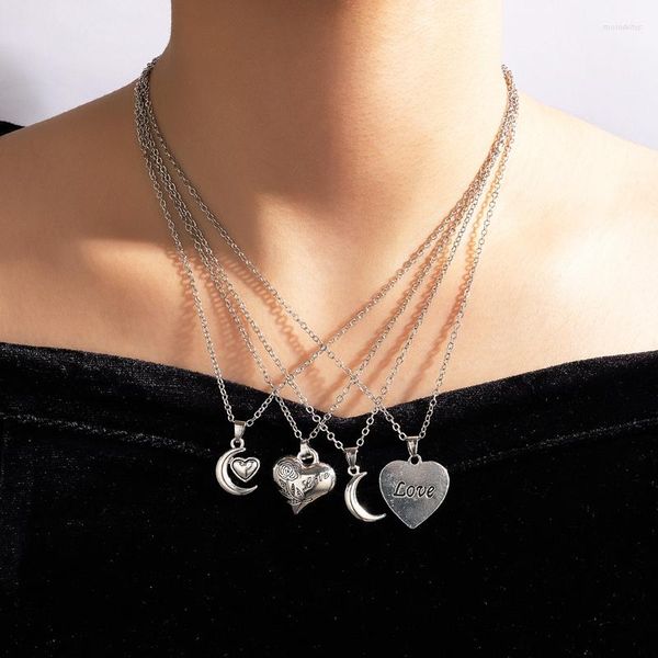 Anhänger Halsketten HuangTang 4 teile/sätze Vintage Mond Herz Halskette Für Frauen Boho Silber Farbe Crescent Liebe Schlüsselbein Kette Hochzeit Geschenk