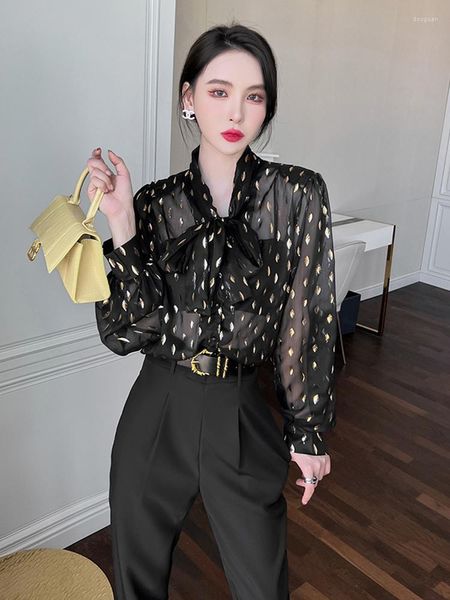 Bloups feminina 2023 Spring Vaniling Office Camisa Mulheres pura perspectiva Chiffon Bright Print Lace Up Tie Butter Blow Bouse Tops Femme Tops