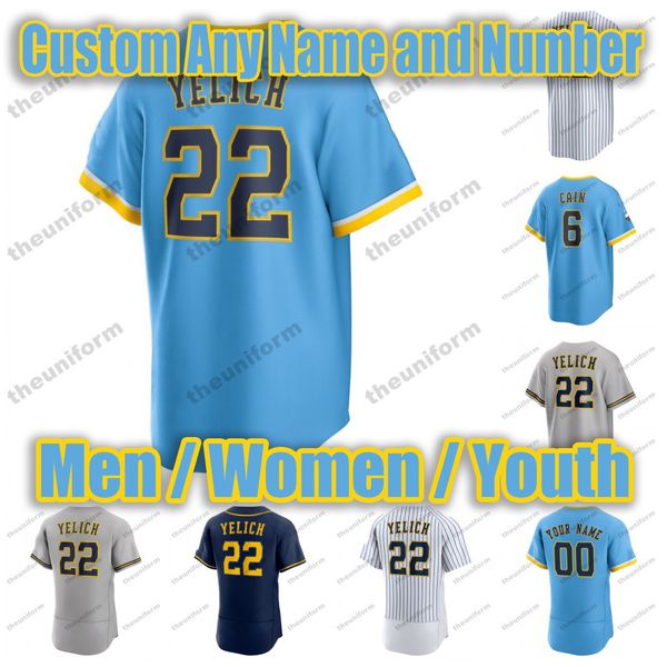 Özel Erkek Beyzbol Formaları 6 Lorenzo Cain 22 Christian Yelich 53 Brandon Woodruff 71 Josh Hader 44 Hank Aaron 39 Corbin Burnes Kadın Gençlik Forması Boyutu S-5XL