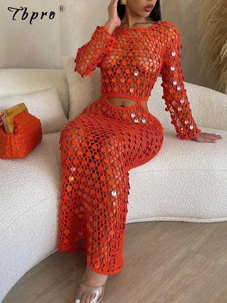 Parti Elbiseleri Seksi Hollow Out Sequin Fishnet Maksi Elbise Kadınlar Moda Katı Uzun Kollu O Boyun Yaz Tatil Plajı Deniz Yosun Y2303