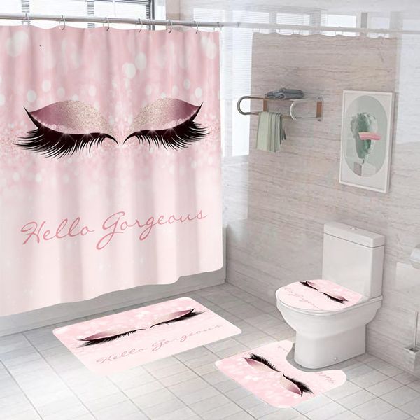 Tende da doccia Elegante oro rosa Ciglia Trucco Stampa Tenda da bagno Comodo tappetino da bagno Set Poliestere Bagno Decorativo Tappeti da toilette Tappeto 230322