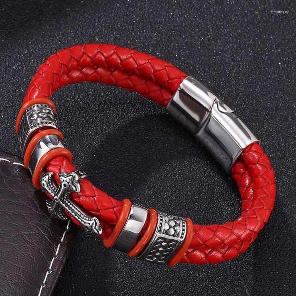 Braccialetti con ciondoli Punk Lucky Men Rosso Intrecciato In Pelle In Acciaio Inox Croce Charms Braccialetti Moda Donna Gioielli Regalo BB0099