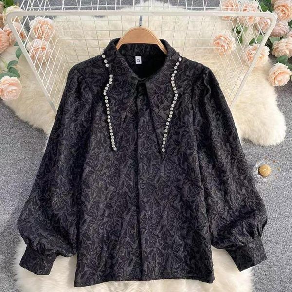 Blouses feminina de luva de bolha de diamante sofisticada camisa de manga bolha feminino primavera e verão moda elegante estilo celebridade casual blouse jacquard