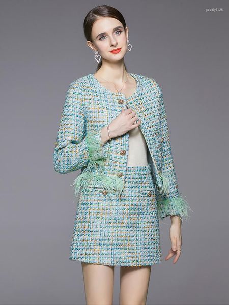 Abiti da lavoro Autunno Piccolo profumo Vintage Tweed Set due pezzi Donna Bottoni in metallo Piume di struzzo Giacca corta in lana Cappotto Minigonna