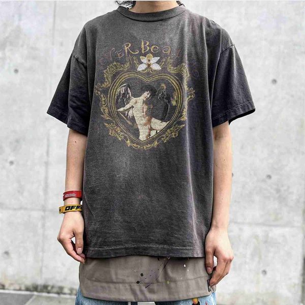 Herren T-Shirts Saint Michael Distressed Love Angel Print High Street Style Lose Unisex Kurzarm T-ShirtL302