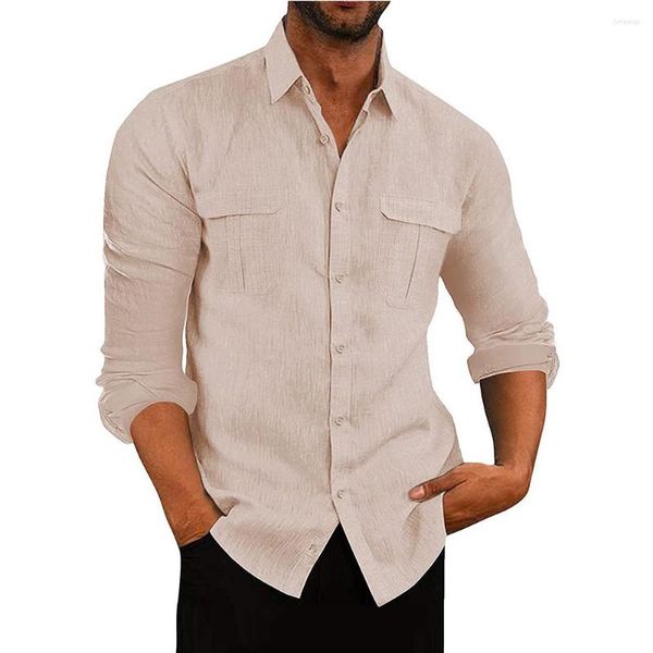 Camisas de vestido masculinas 2023 linho de algodão masculino Camisa longa de cor sólida de cor sólida casual com bolsos