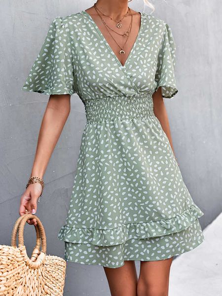 Abiti casual Mini abito verde Donna Summer Butterfly Sleeve Abiti sexy con scollo a V Ladies Boho Polka Dot A-Line Dress Beach Sundress Vestidos G230322