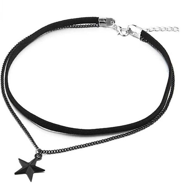 Anhänger-Halsketten Damen Zweireihige schwarze Halsband-Halskette für Damen mit schwarzer Kette und Pentagramm-Stern-Charm-Anhänger, mehrschichtige Kragen-Halskette Z0321