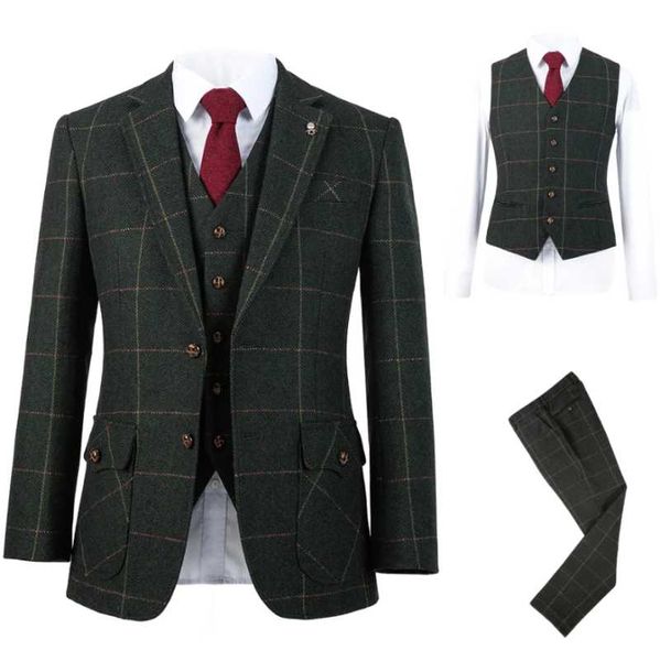 Abiti da uomo Giacche Costume Homme Affari Autunno Tweed Plaid Giacca verde scuro Cappotto Abiti Matrimonio Su misura 3 pezzi