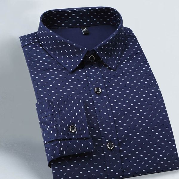 Camisas casuais masculinas de qualidade polka dot masculino casual camisa impressa longa camisa de vestido social fid slim masculino camisetas de vestido de negócios macio confortável 230322