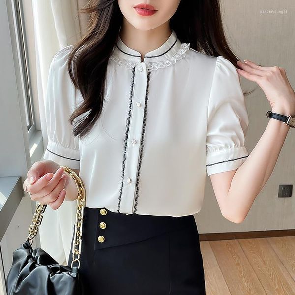 Kadın bluzları yaz beyaz saten bluz gündelik dantel o yaka kısa kollu gömlek ince kadınlar Koreli tek göğüslü tatlı blusalar zarif üstler