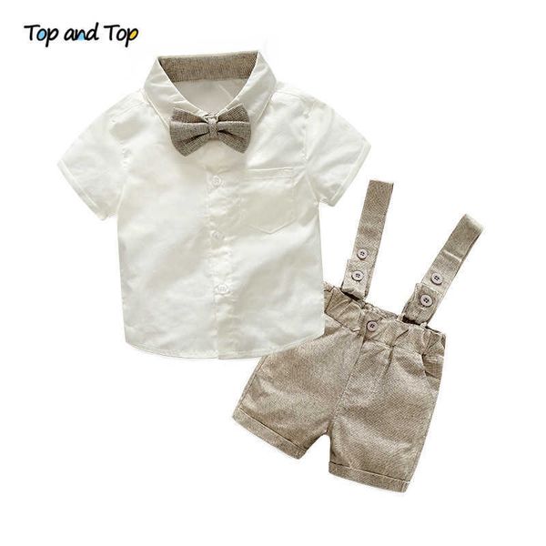 Set di abbigliamento Top e Top Fashion Baby Boys Set di abbigliamento per gentiluomo Camicia a maniche corte con papillon Bretelle Pantaloncini Abiti da ragazzo formale Z0321