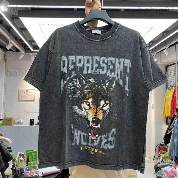 Erkek Tişörtleri Graffiti Wolf Head Baskı Retro High Street Kısa Kollu T-Shirt Adam Gevşek T230321