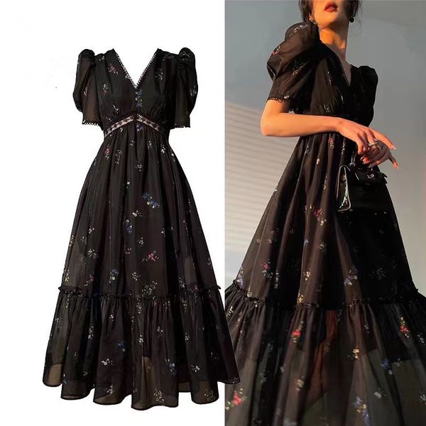 Partykleider Runway Herbst Mode Schwarz Farbe Blumendruck Langes Kleid Vintage Frauen V-ausschnitt Puffärmel Chiffon Schlank Hohe Taille Chic Vestidos 230322