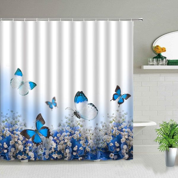 Cortinas de chuveiro Flor Flower Butterfly Cortana de chuveiro Cortina de chuveiro impermeável e tapetes Decoração de banheiro elefante 3d Curta