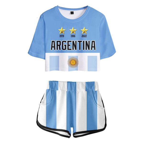 Frauen Zweiteilige Hosen Argentinien ARG Fußball Meister Fußball 3D-Druck Set Frauen Sexy Shorts T-Shirt Classic Dew Navel Sport Mädchen Anzüge 230322