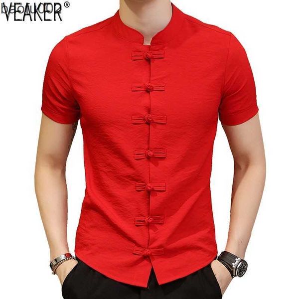 Herren-T-Shirts 2021 Neue Herren-Chinese-Vintage-Hemd Stehkragen Slim Fit Kurzarm-Baumwoll-Leinen-T-Shirt Weiß Rot Schwarz Lässige Tops W0322