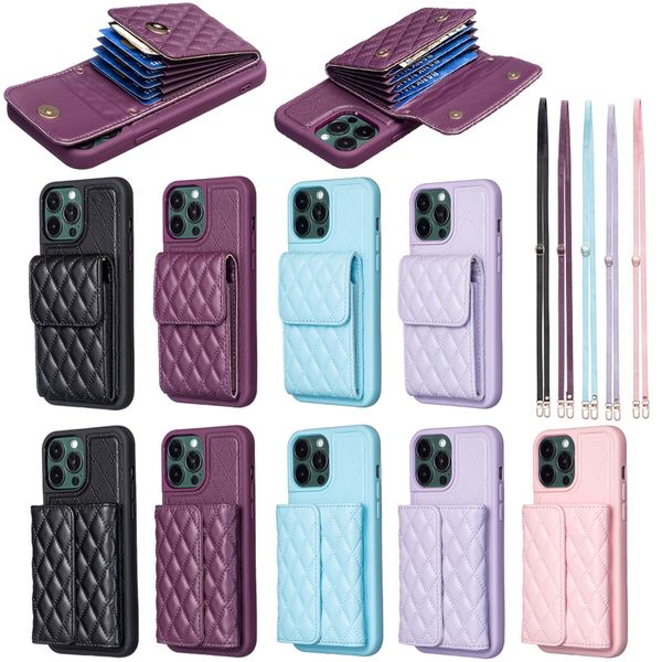 Lüks Crossbody Grid Lmbskin Lattice PU Deri Kılıflar Organ Kemer Cüzdan Kart Yuvaları Stand Çok Fonksiyonlu Şok geçirmez Kapak İPhone 14 13 12 11 Pro Max XR XS 8 7 6 Plus