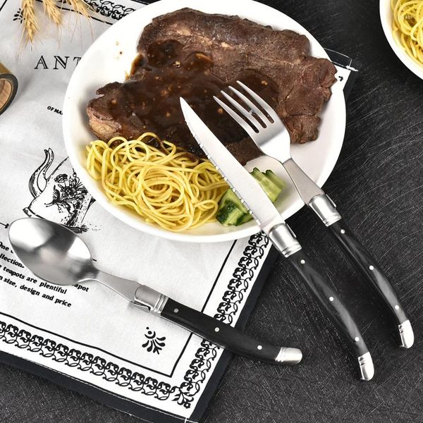 Conjuntos de utensílios de jantar 3pcs/conjunto de talheres de cozinha de madeira preta estilo laguiole de aço inoxidável tabela de casamento jantar de festas de festas de festas de bife de bife garfks