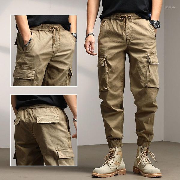 Calça masculina cargo casual masculino para homens magros ao ar livre masculino tático Multi Pocket Elástico Cintura Militar Macaras