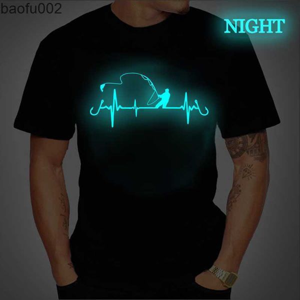 Мужские футболки светящаяся графическая футболка мужчина для рыбалки в сердцебиение новинка смешная футболка хип-хоп