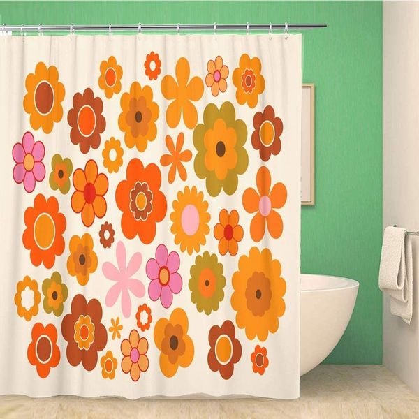 Cortinas de banho cortina de chuveiro laranja 70s Flores vintage Green Power 1970 Retro setenta 66x72 polegadas Decoração de banheiro à prova d'água de poliéster 230322