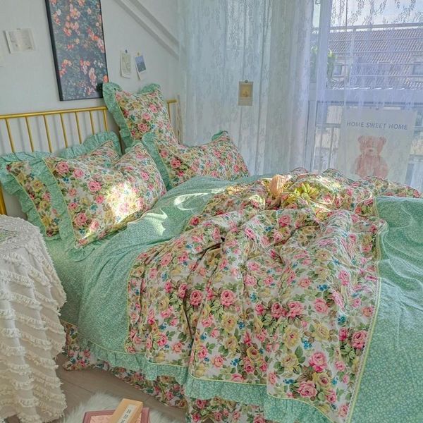 Yatak takımları zarif Fransız ülke bahar bahçe çiftlik evi vintage nevres kapak seti kızlar 4/6pcscotton yatak sayfası yastık