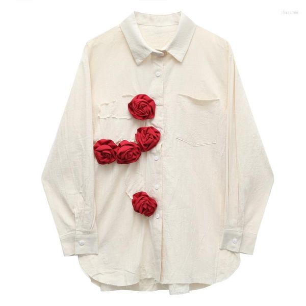 Blouses feminina 2023 Mulher da moda da primavera estereoscópica vermelha rosa de manga comprida tampa branca de roupas femininas solteiras Camisa vintage chique