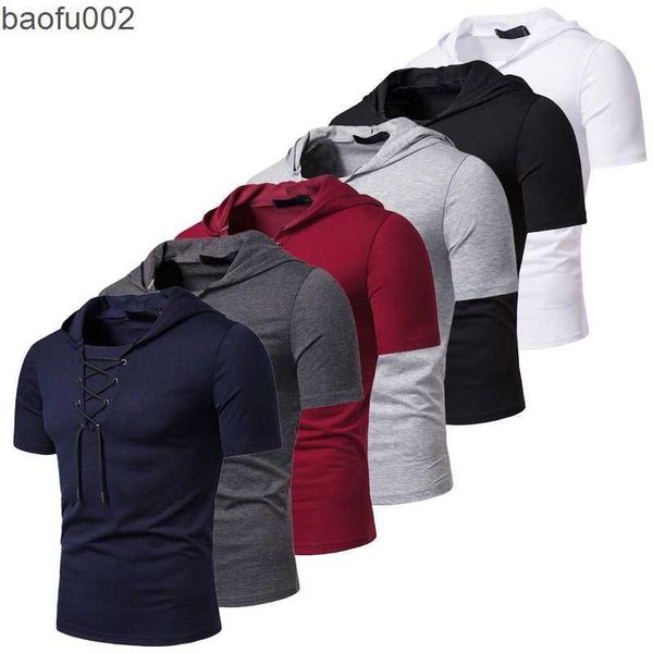 Camisetas masculinas camisetas com capuz Men 2021 Novo manga curta de rua o pescoço masculino tshirts verão casual slim fit capuz camiseta camiseta homme top tees w0322