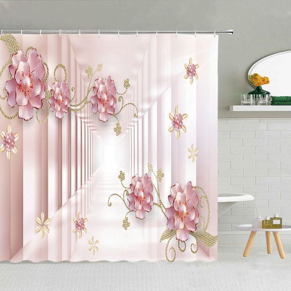 Cortinas de chuveiro estilo chinês Luxury Diamond Flower Curtain Curtains Taber Curtains de alta qualidade com ganchos Mate de banheiro PRIMAGEM 3D 230322