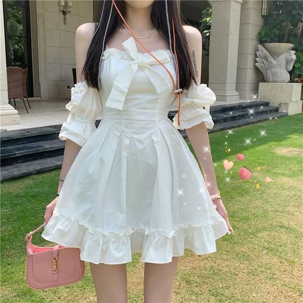 Vestidos casuais QWeek White Kaii Fairy Dress for Girls Summer Princesa fofa do ombro Festa de travamento mini vestidos de mulher casual 2021 G230322