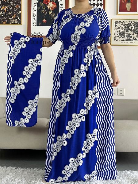 Roupas étnicas Africano Dashiki Cotton Floral Dress impresso de manga curta colecionar cintura linear mulheres africanas vestido com lenço 230322
