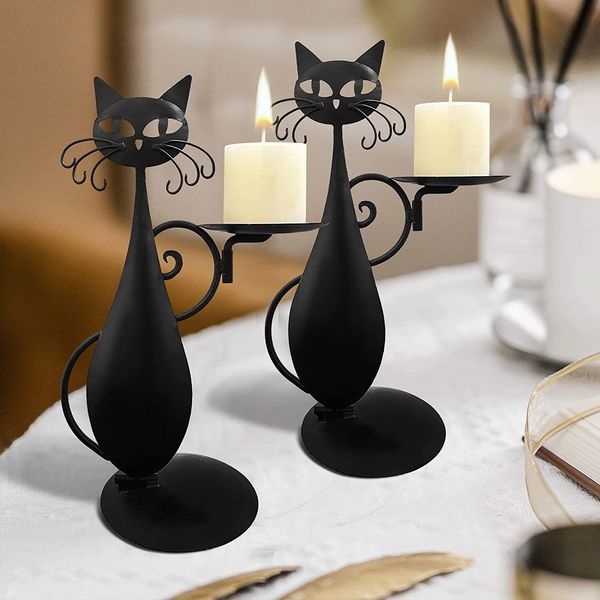 Portacandele in metallo con gatto nero Candelabro per gatti in ferro vintage per la casa rurale d'epoca per la decorazione di feste