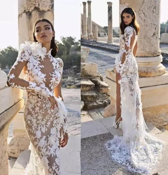 Arabia sirena abito da sposa 2023 berta collo alto spacco laterale illusione applicazioni di pizzo manica lunga Sweep Train Boho abito da sposa E0322