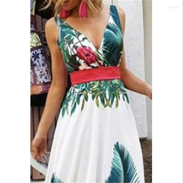 Casual Kleider Mode Blumen Blatt Druck Sommer Kleid Frauen Halter V-ausschnitt Tank Dame Boho Lange Weibliche Maxi Sommerkleid Vestido