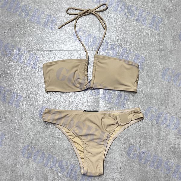 Costume da bagno da donna con bikini all'americana cachi Costume da bagno con scritta in metallo con scritta in metallo Costume da bagno da donna diviso