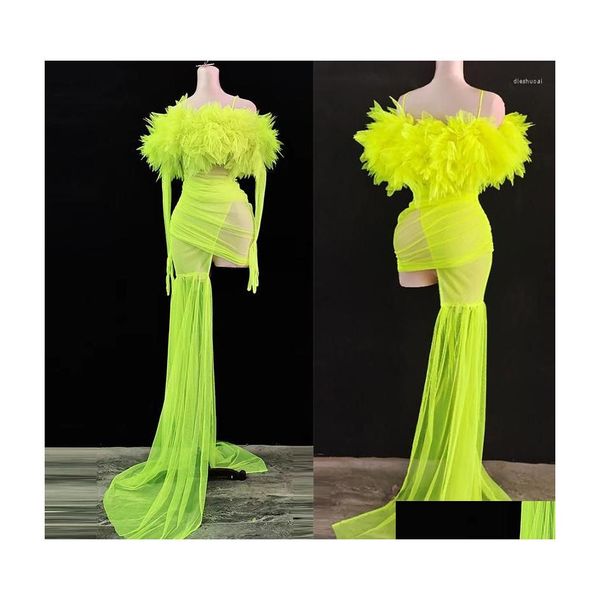 Stage Wear Green Mesh Flower Dress Sexy Transparent Long Train Costume de aniversário Celebre roupas DJ DJ DA DAPA DO ROPOS DHUSA