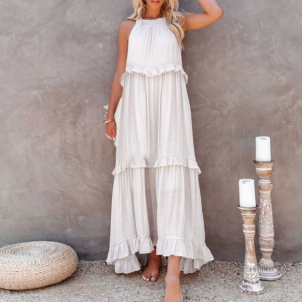 Abiti da festa 2023 Summer Beach Maxi Dress Casual sciolto senza maniche Halter Boho Ruffle Swing Swing Smocked Sundress Y2303