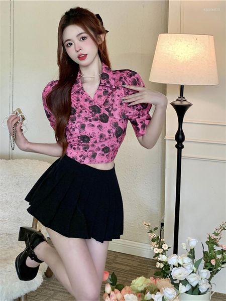 Blouses feminina NiceMix Rose Shirt Designer Lace cintura Blusa curta Mulheres frances